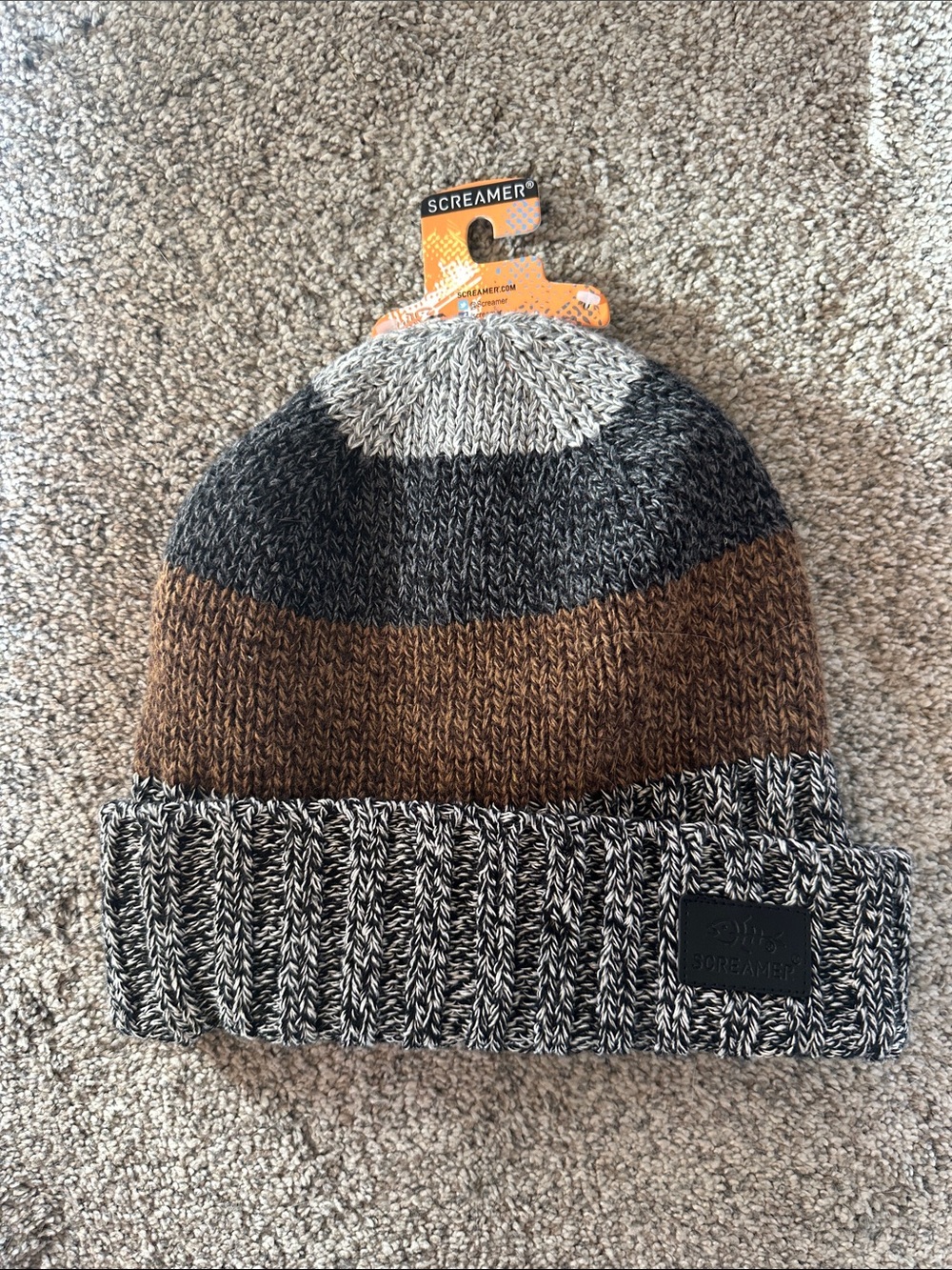 Screamer Striped Knit Fleece Lined Beanie in Gray, Brown, Black